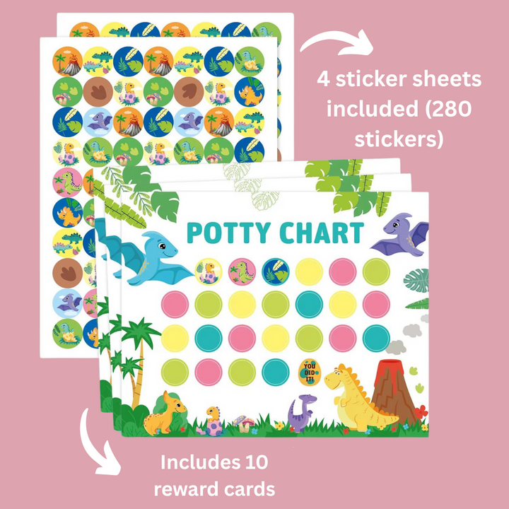 Package graphic showing 10 potty reward cards and 4 sheets containing 280 stickers