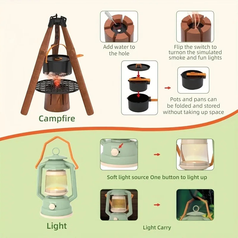 Toy tripod campfire and lantern with close-up views of controls and stacking cookware.