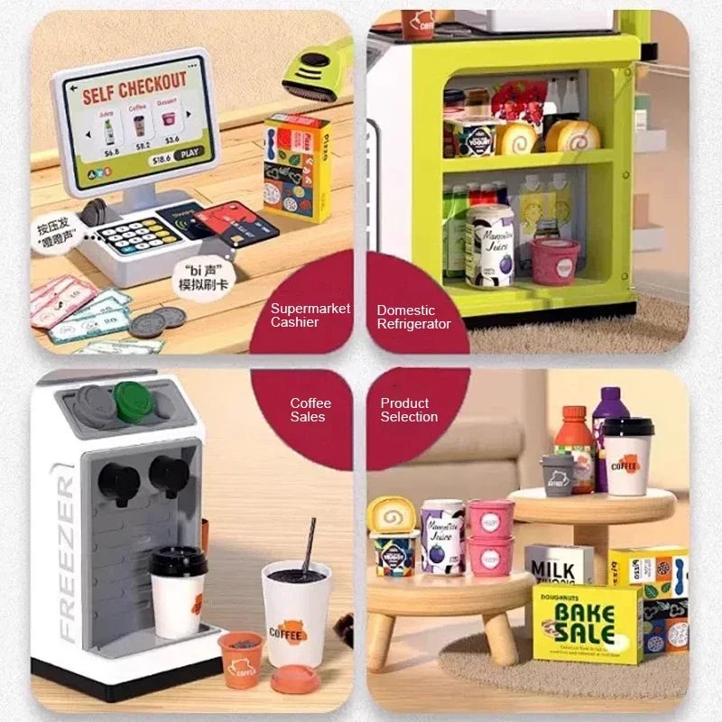Toy checkout keypad, grocery shelves, coffee dispenser, and pretend food accessories