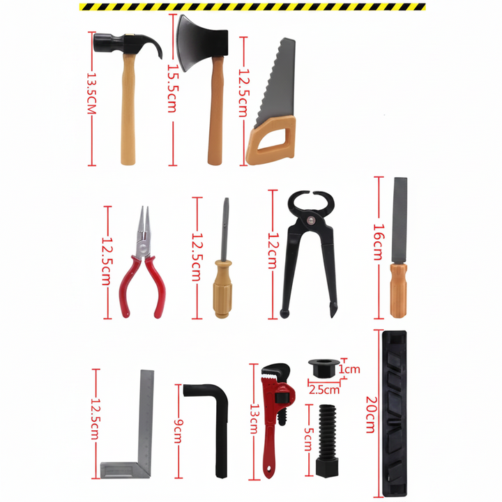 Measurement chart showing approximate lengths of individual pretend construction tools.