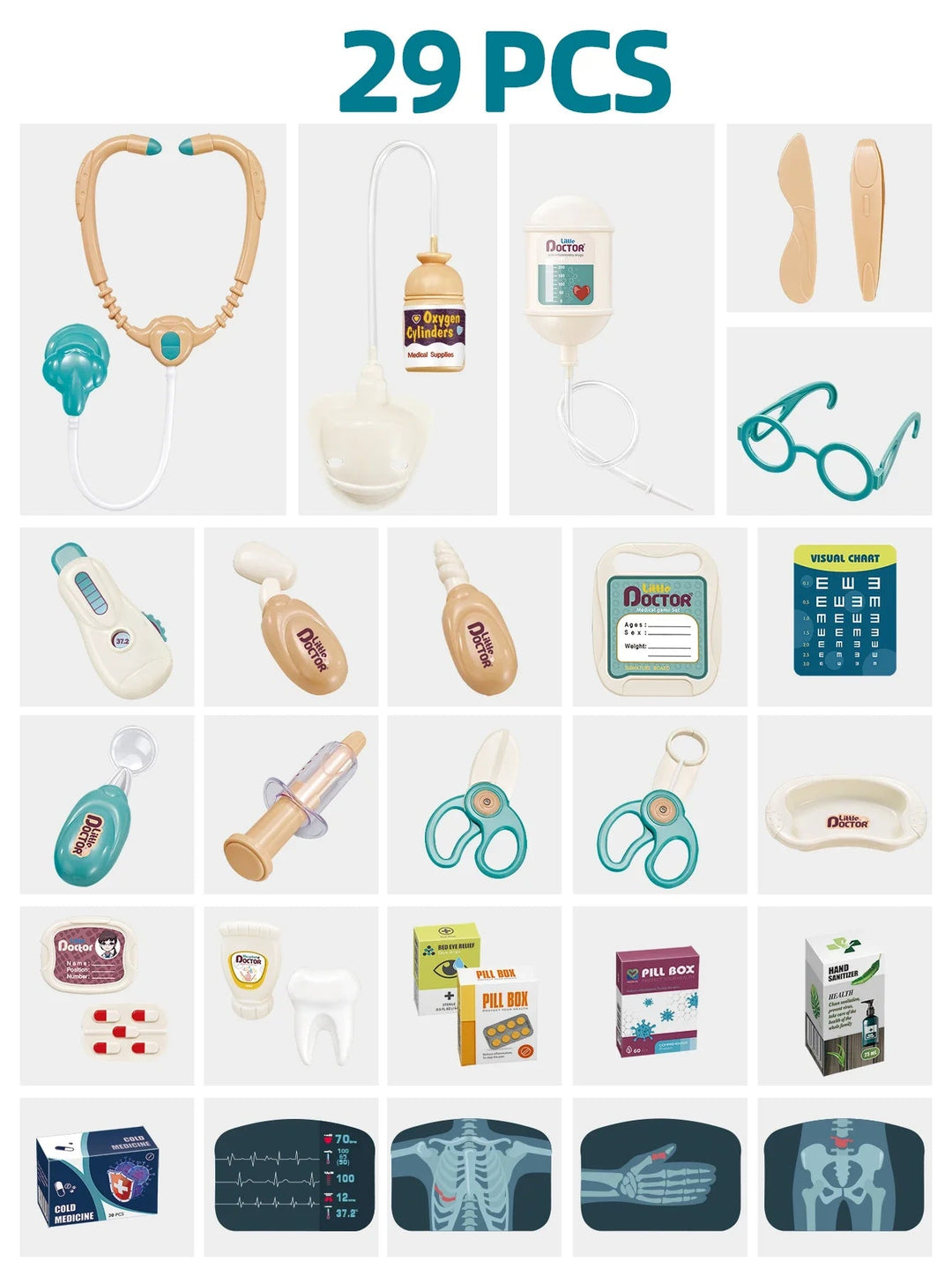 Contents graphic showing the 29-piece pretend doctor set and toy medical accessories