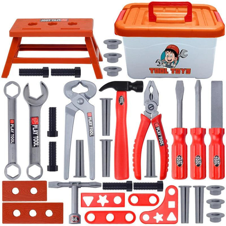 Pretend hand tools, building pieces, fasteners, mini workbench, and a storage case with an orange lid