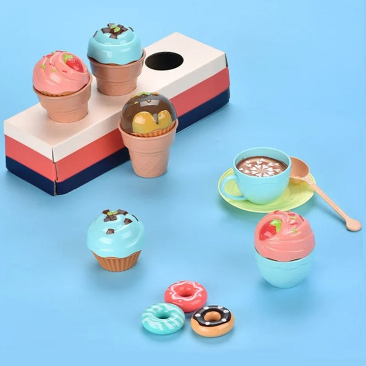 Pretend ice cream cones on a display stand with a cup, cupcake, and colorful dessert pieces