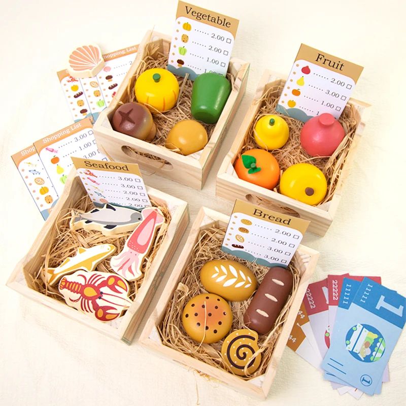 Pretend market food in wooden crates with display cards and play money