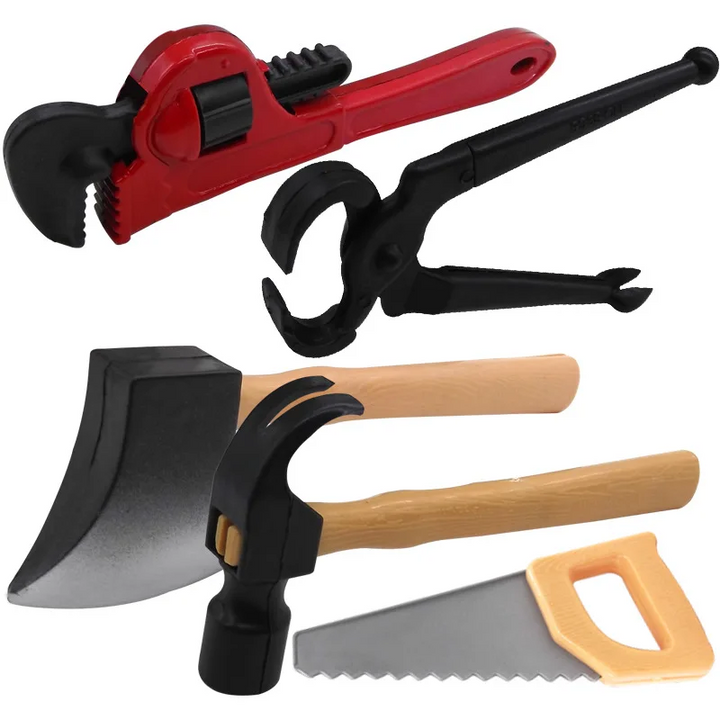 Toy pipe wrench, pincers, axe, hammer, and saw arranged on a white background.
