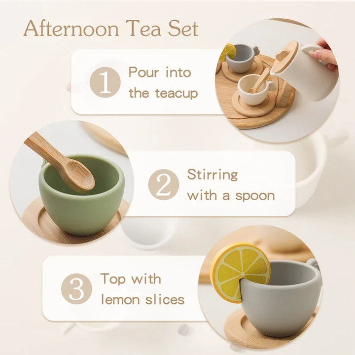 Pretend tea-pouring, stirring with a wooden spoon, and adding a toy lemon slice