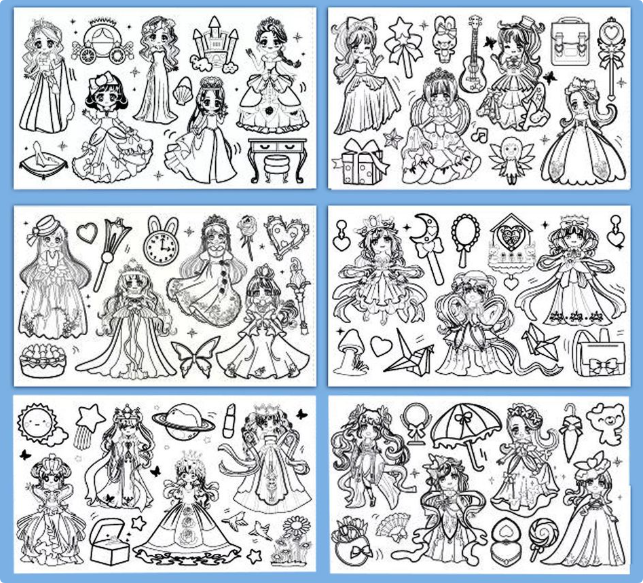 Six panels of princess coloring outlines with dresses, crowns, castles, and accessories