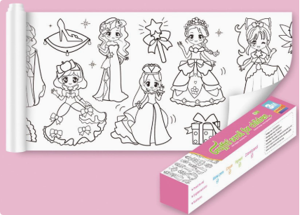 Princess-pattern coloring roll beside its pink box