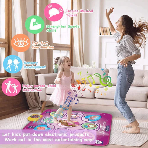 Parent and child dancing on the Princess mat beside rhythm and coordination illustrations