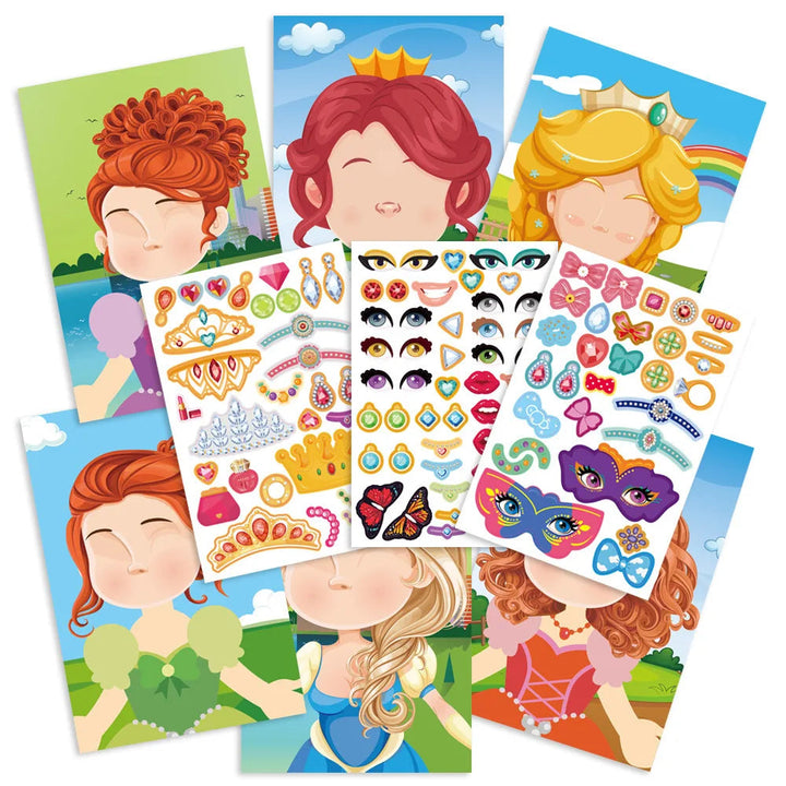 Princess face cards with reusable eye, mouth, crown, and accessory stickers