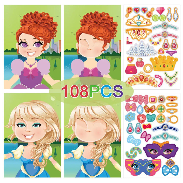 Princess sticker set showing blank and decorated faces with 108 stickers