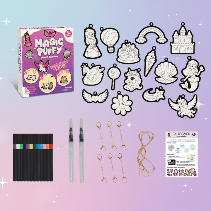 Princess craft kit with outlined charms, markers, water pens, keychain clips, string, and instructions