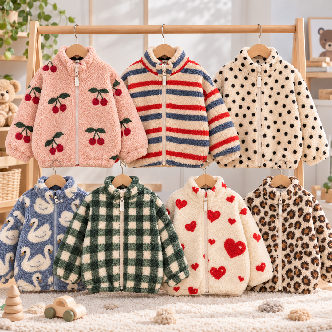 Seven printed kids' fleece jackets hanging on a wooden rack