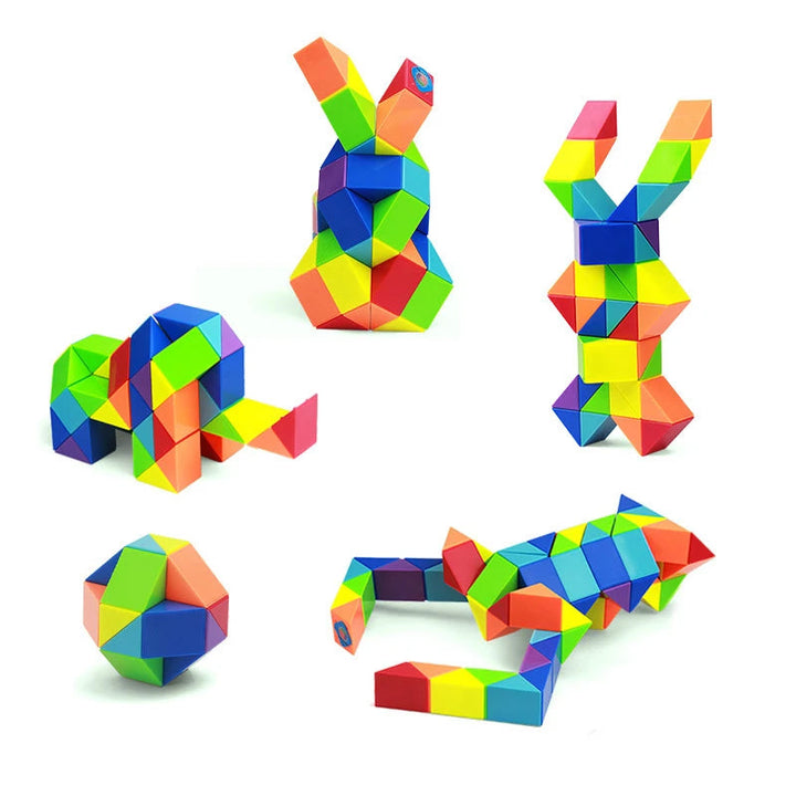 Multicolor snake puzzle configurations, including animal-like figures and a geometric ball.