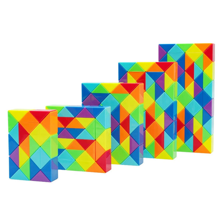 Colorful snake puzzle configurations arranged from short to tall in a stepped display.