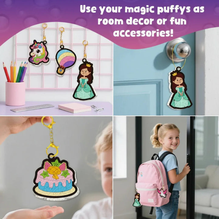 Finished puffy paper charms used as hanging decorations and backpack accessories