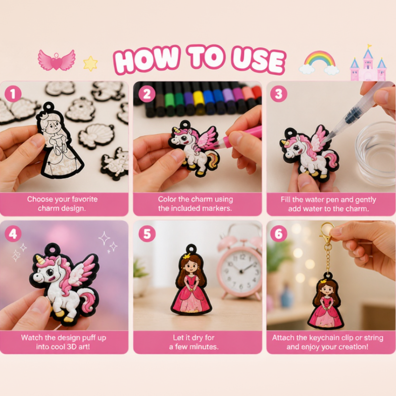 Six illustrated steps for coloring, adding water, drying, and attaching a paper charm