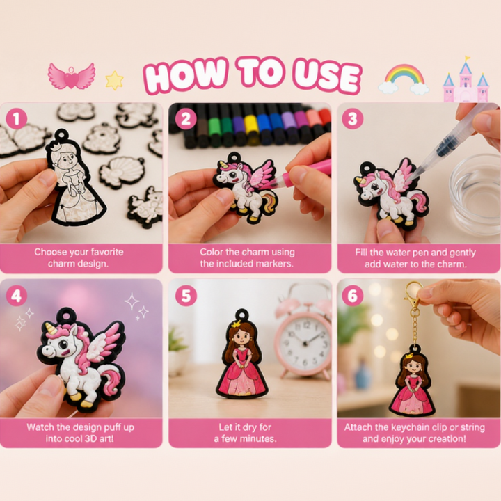 Six illustrated steps for coloring, adding water, drying, and attaching a paper charm