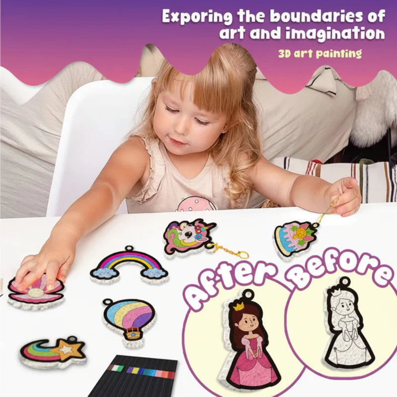 Child making colorful paper charms with a comparison of a flat design and a raised princess charm