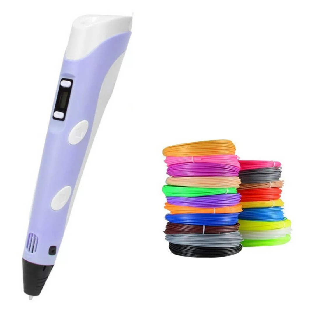 Purple 3D drawing pen with a multicolored filament set