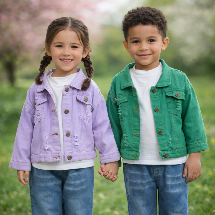 Two children holding hands in purple and green button-front denim jackets