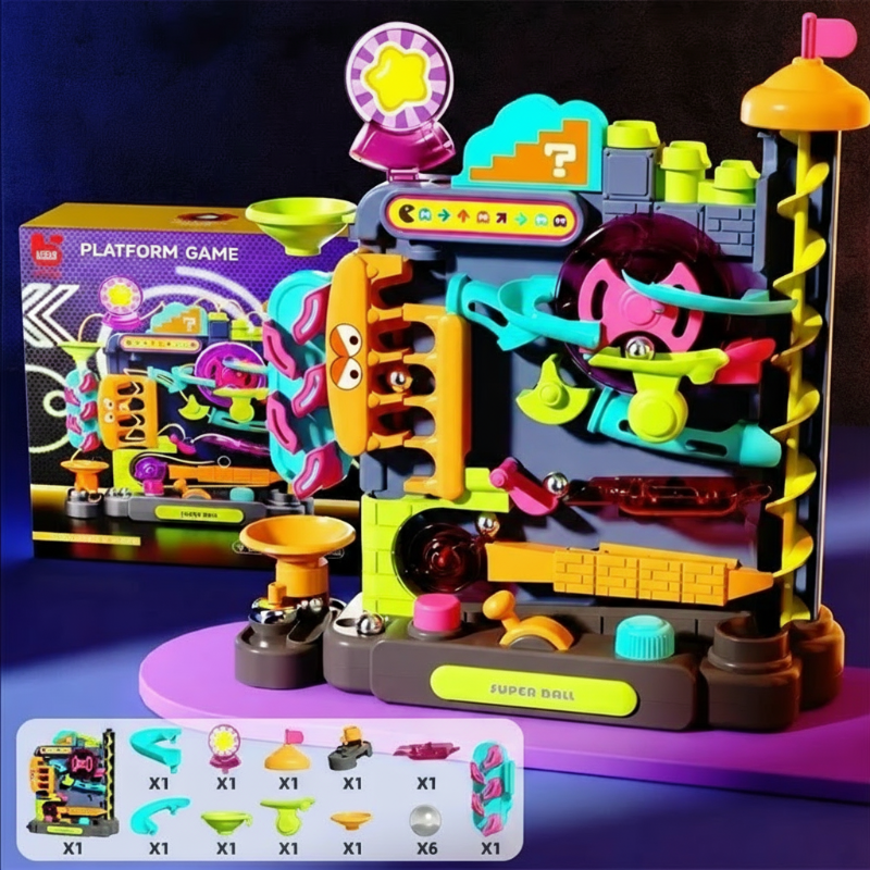 Purple ball track beside its box, with an illustrated parts guide below