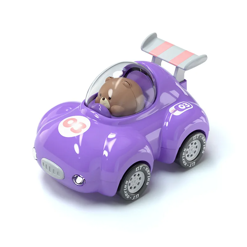 Purple toy race car with bear driver under a clear canopy and a striped rear spoiler