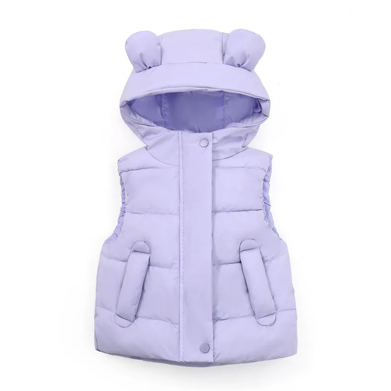 Purple quilted puffer vest with rounded bear ears and front pockets