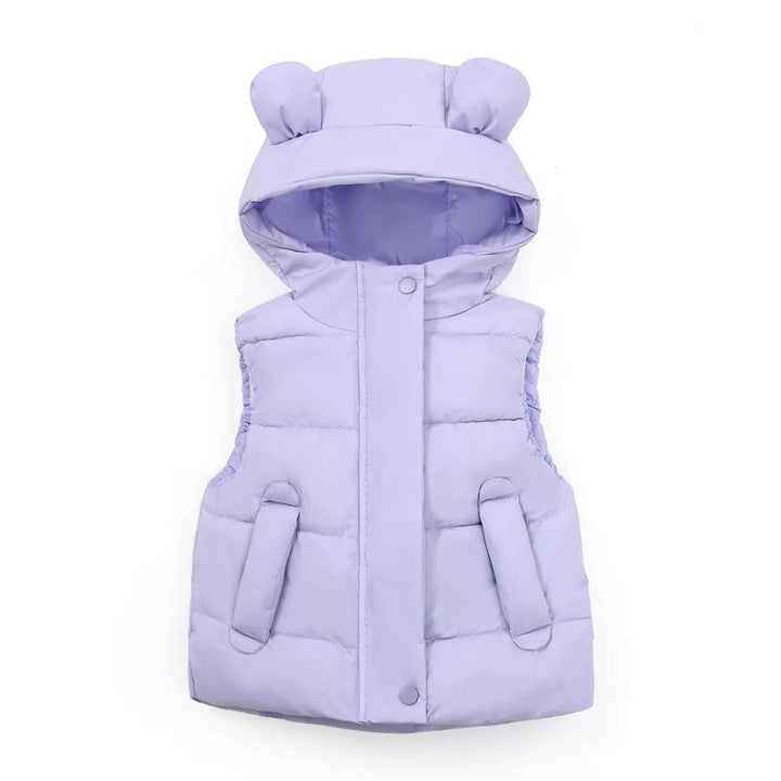 Purple quilted puffer vest with rounded bear ears and front pockets