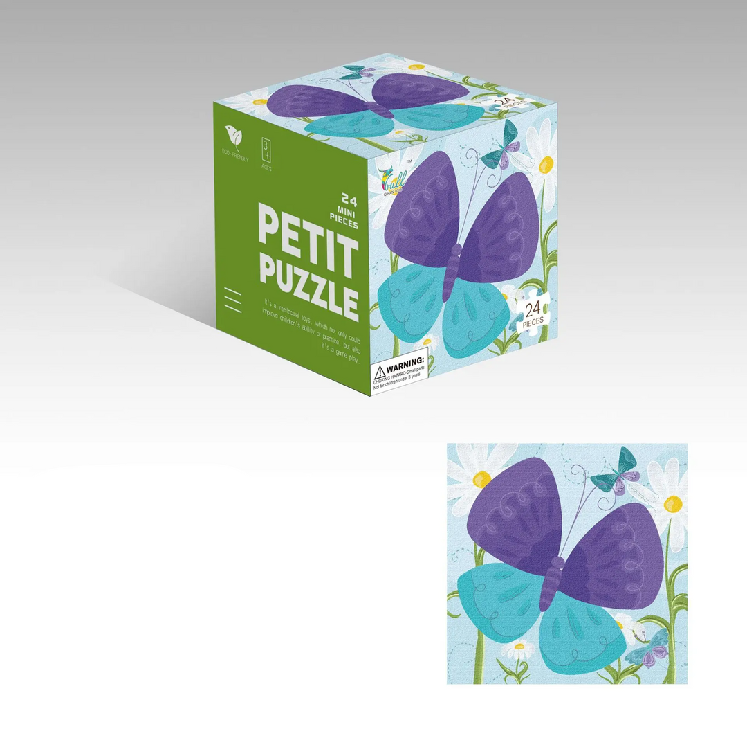 Purple and blue butterfly jigsaw puzzle with flowers and a matching cube box