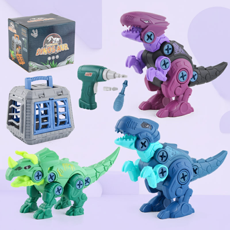 Purple, blue, and green dinosaur building set with drill, screwdriver, and blue-doored storage box