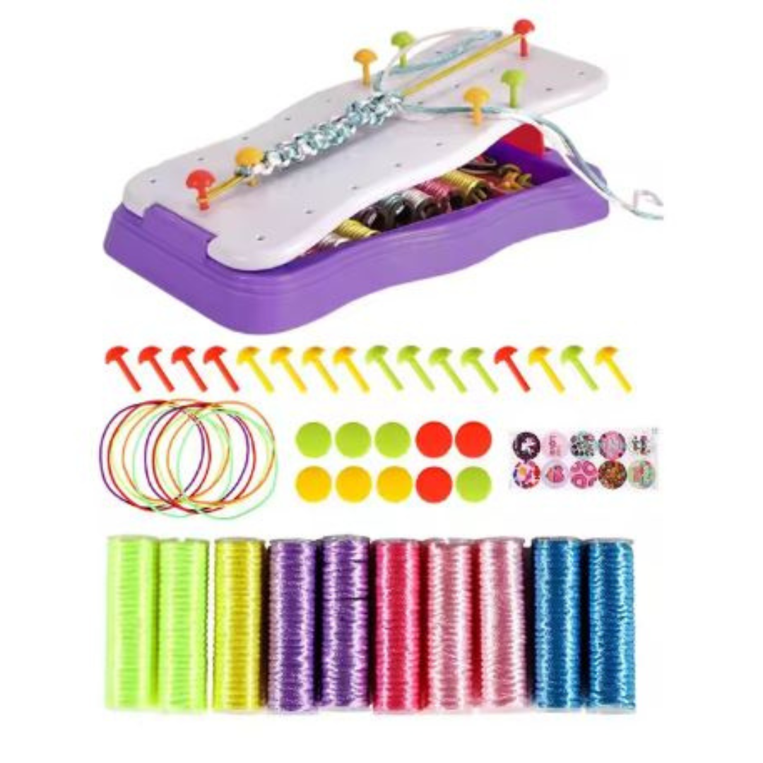 Purple braiding frame with colorful cords, pegs, and bracelet decorations