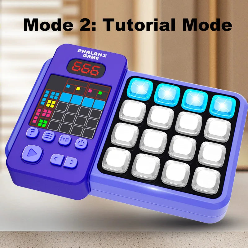 Purple game console in tutorial mode with four blue buttons illuminated.
