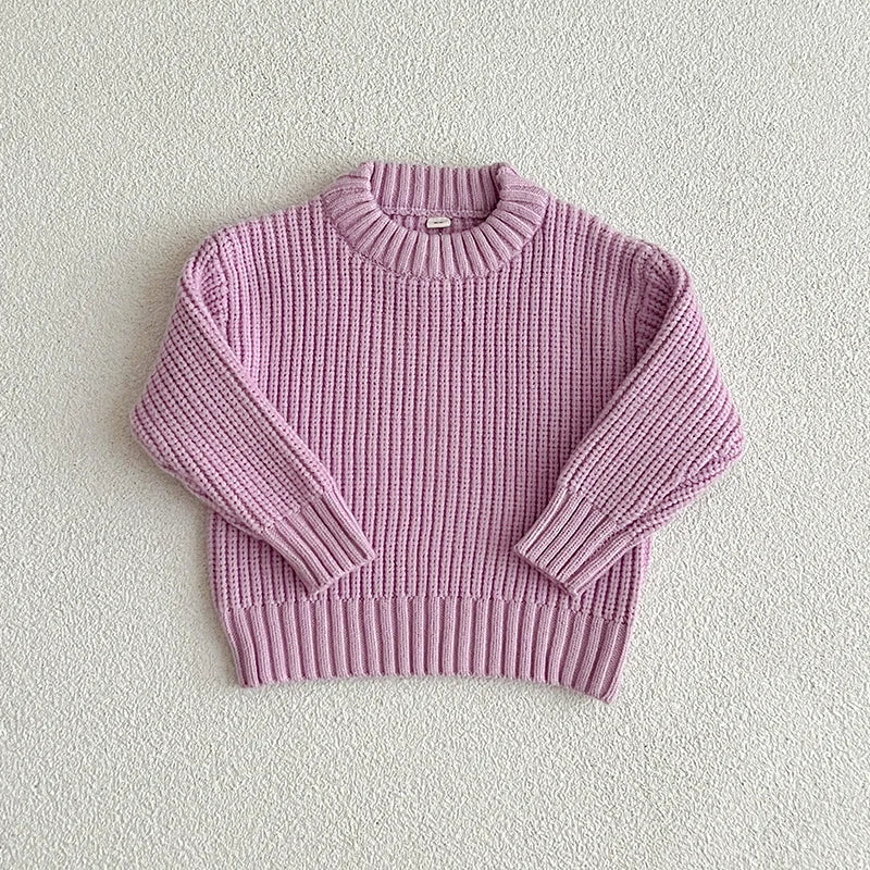Purple cotton knit sweater with a round neckline, long sleeves, and ribbed cuffs and hem.