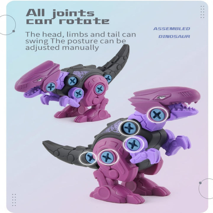 Purple screw-together dinosaur in two poses showing its movable joints