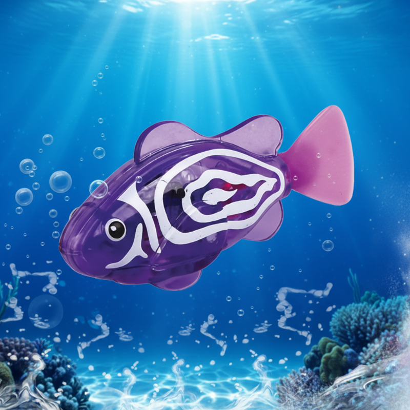 Purple emperor fish bath toy with white markings and a pink tail