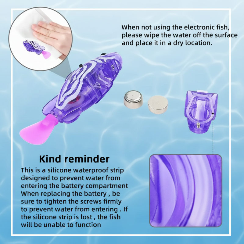 Purple fish toy with battery compartment, silicone seal, and drying instructions