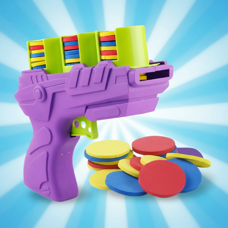 Purple foam disc blaster with lime green loading compartments and colorful discs