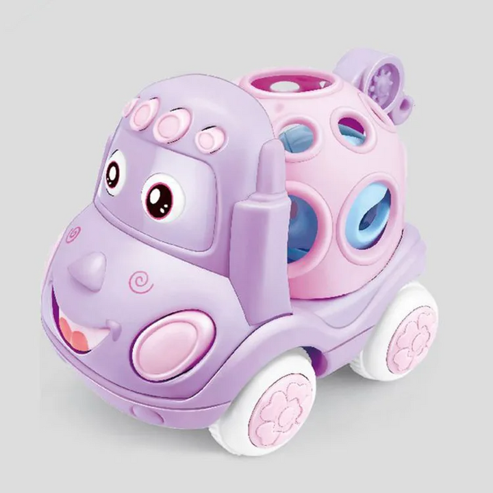Purple hippo toy car with a pink open top and white wheels