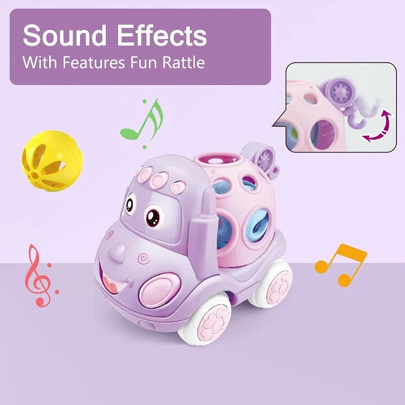 Purple hippo rattle car with an open rounded top, white wheels and a yellow rattle ball