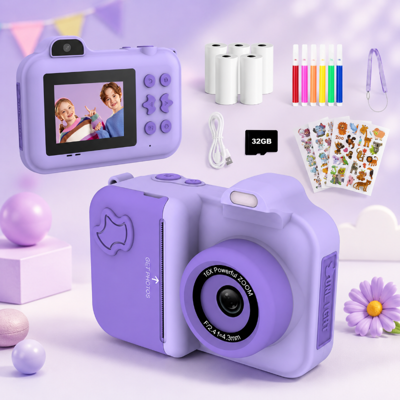 Purple instant-print camera shown from the front and back with paper rolls, pens, stickers and accessories