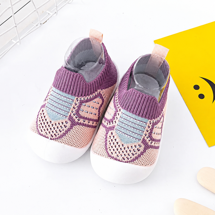 Purple knit baby shoes with pale blue accents, heel pull tabs and white soles