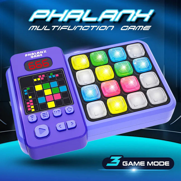 Purple musical game console with a colored display and illuminated button grid.