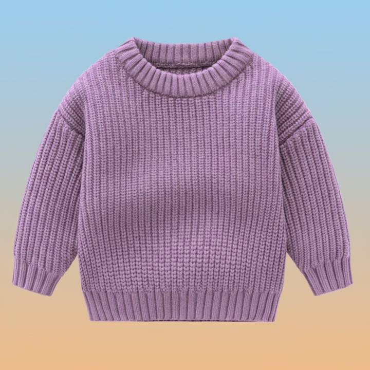 Purple knit sweater with a round neck, long sleeves, and ribbed trim.
