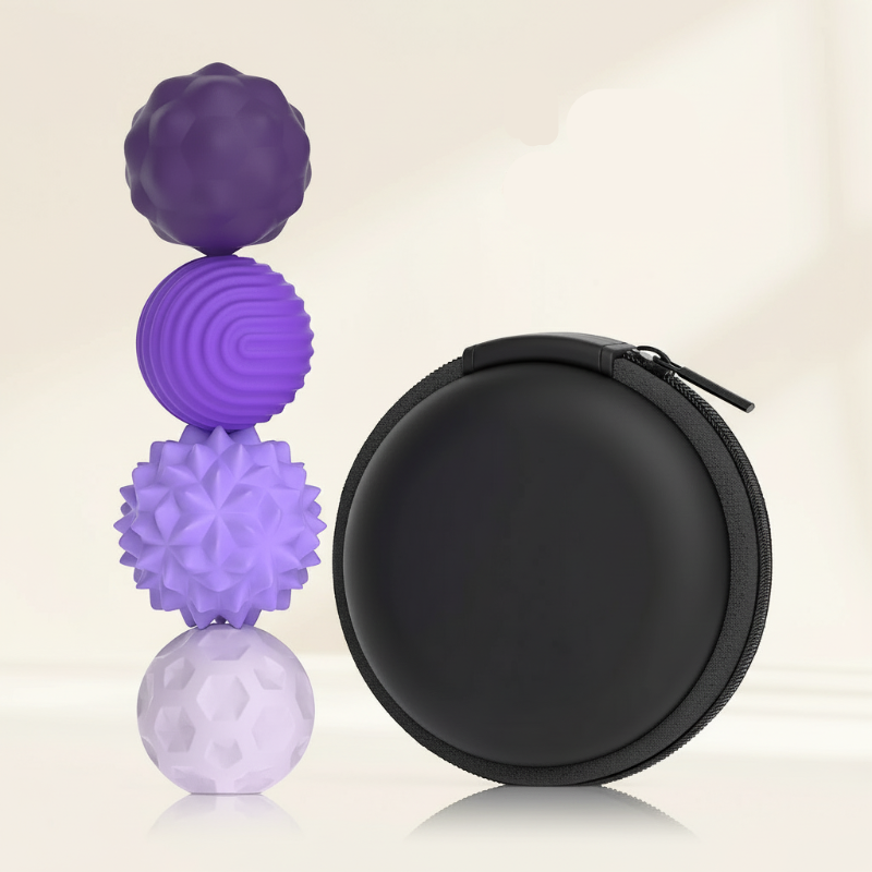 Four medium purple and lilac textured magnetic beads beside a round black zippered case