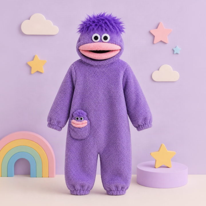 Purple hooded monster onesie with large eyes, a pink mouth and a smaller front face detail