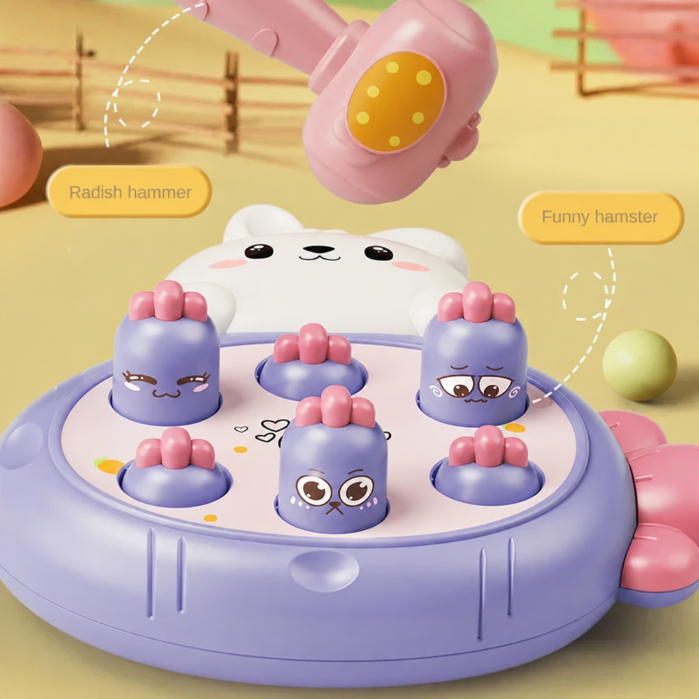 Purple pop-up tapping board with pink-topped targets and a pink toy hammer