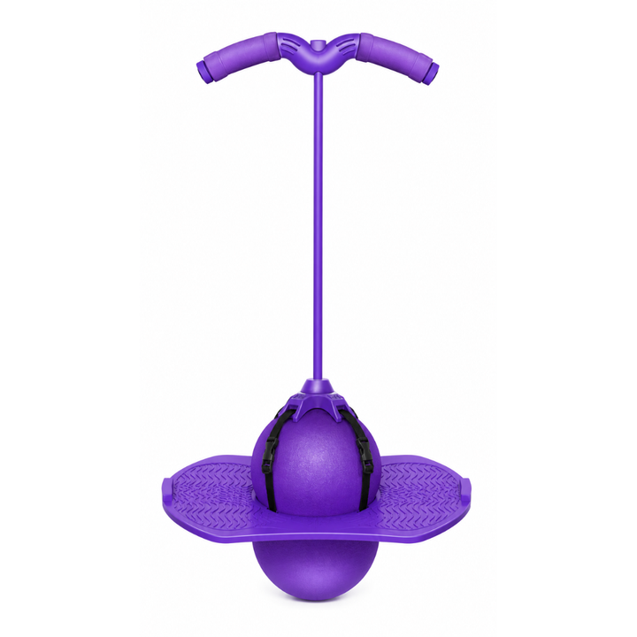 Purple balancing pogo stick with matching handlebars and a rounded base