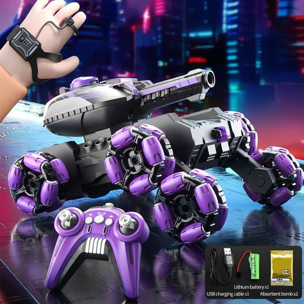 Purple dual-control RC tank truck set with handheld remote, wrist controller, and charging accessories
