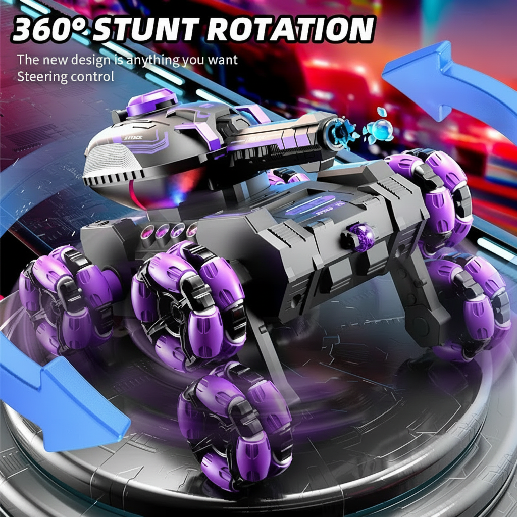 Purple six-wheel RC tank truck with arrows illustrating a 360-degree turn